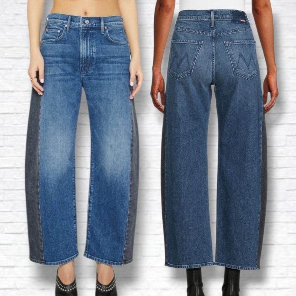 MOTHER Superior Lil Half-Pipe Flood Barrel Leg Jeans In Black & Blue Size 28